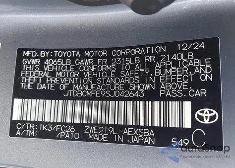2025 Toyota Corolla Hybrid Se z USA, uszkodzony, nr VIN JTDBCMFE9SJ042643